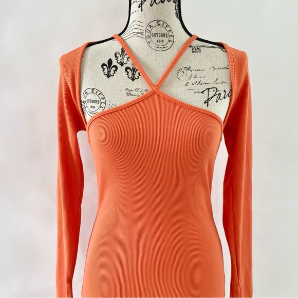 NWT Missguided Cut Out Long Sleeve Rib Bodycon Midi Dress Orange 2 - Picture 1 of 16